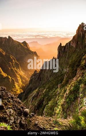 Sunrise on hiking trial from Pico do Areeiro, Madeira highest mountains, Portugal Stock Photo