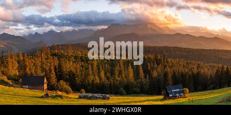 Panorama of Sunset in Carpathian Mountains. Golden Hour light over nature landscape Stock Photo