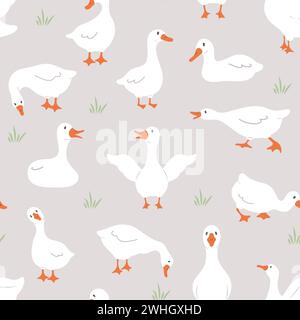 Seamless pattern with cute white gooses. Domestic and wild ducks on farm. Hand drawn print. Perfect for fabric, package paper, wallpaper, postcards Stock Vector