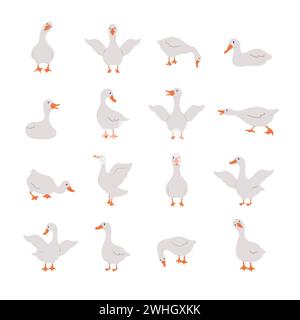 Set of cute gooses. Domestic and wild ducks on white background. Agriculture birds on farm. Rural wildlife. Funny hand drawn print. Vector Stock Vector