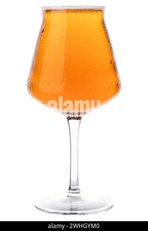 Tulip-shaped stemmed Tiku glass designed for a craft beer filled with amber beer or ale isolated on white background Stock Photo