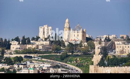 View of the Dormition Basilica on Mount Zion from the Mount of Olives Stock Photo