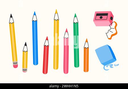 Color pencils set sharpener and eraser vector illustration Stock Vector
