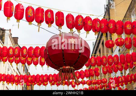 London, UK. 10th Feb 2024. Chinese Lanterns decorate the streets around London's China Town to celebrate Chinese New Year (Year of the Dragon). The Chinese zodiac is a repeating 12-year cycle of animal signs based on the lunar calendar. The Lunar New Year marks the transition from one animal to another. Credit: Stuart Robertson/Alamy Live News. Stock Photo