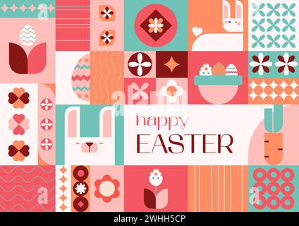 Easter geometric square bright flat banner. Easter eggs,rabbits,basket,eggs hunt.Perfect for a poster, cover, or postcard.Vector illustration EPS 10 Stock Vector