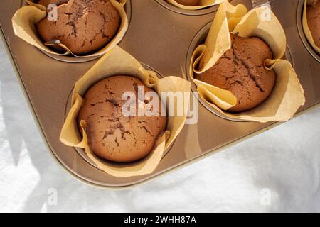 Chocolate cake batter in a paper wrapper in a baking dish Stock Photo