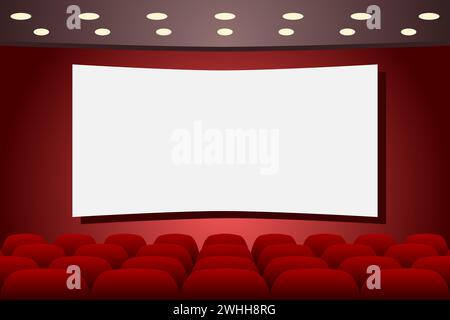 Theater stage with empty seats rows and blank screen. Theatre interior.  Copy space. Vector illustration. Stock Vector