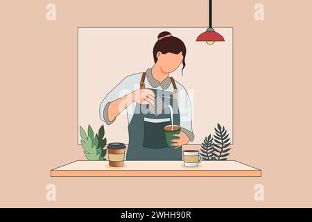 Female barista making coffee at coffee shop. Vector illustration. Stock Vector