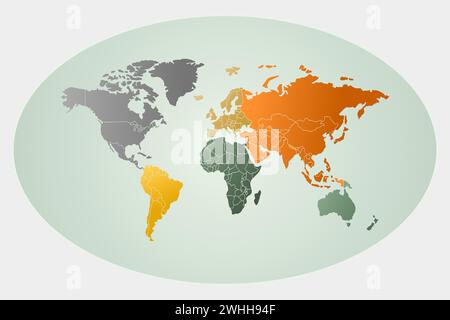 Vector world map in oval shape. Green and orange colors. Stock Vector