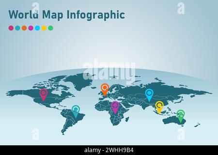 World map infographic with color pointers. Vector illustration. Stock Vector