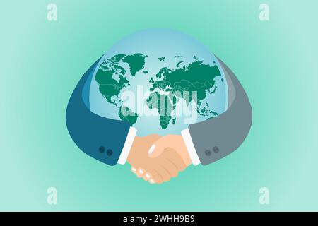 Handshake symbol with globe world map background. International partnership business concept. Vector illustration. Stock Vector