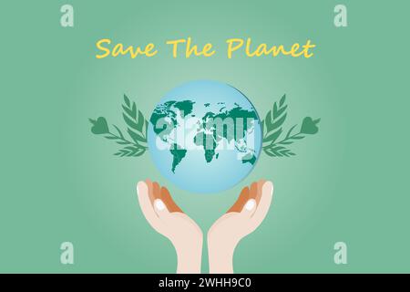 Happy earth day template. Earth and hands. Environmental problems and environmental protection concept. Vector illustration. Stock Vector