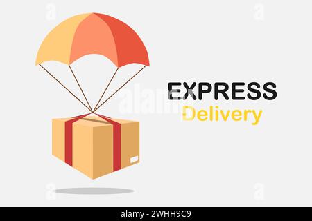 Air delivery service. Box package with parachute. Online fast delivery service. Vector illustration. Stock Vector