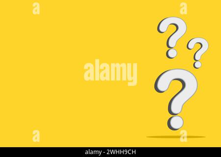 Three white question marks isolated on yellow background. Vector illustration. Stock Vector