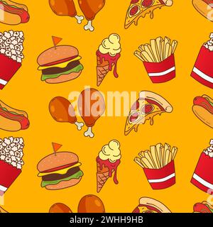 Fast food elements seamless pattern on yellow background vector illustration. Easily modifiable vector elements. Stock Vector