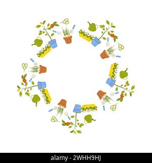 Garden round frame, ornament, spring. Planting plants, garden gnome, plants. gardening. On white isolated background. Stock Vector