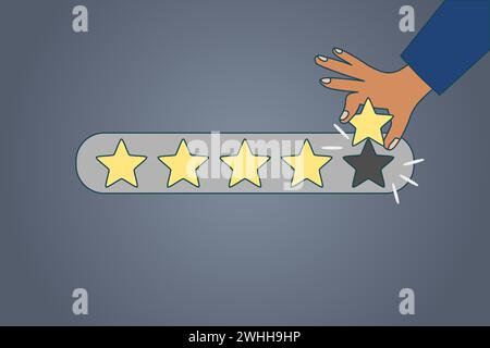 Hand holding five star to increase rating of company. Evaluation or customer client rate service concept. Vector illustration. Stock Vector