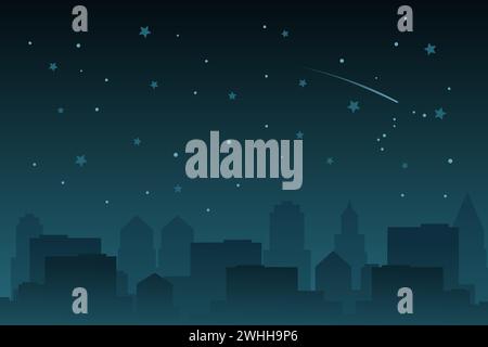 Night cityscape. Night city vector illustration with tall buildings, stars, and shooting star. Stock Vector