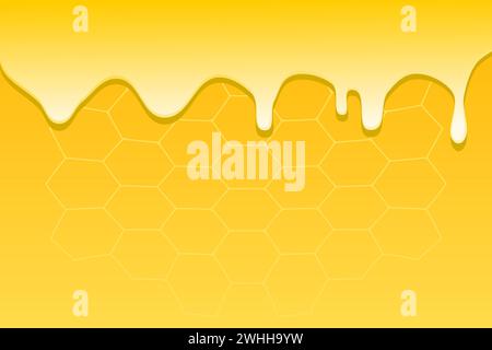 Oil or melted honey on yellow honeycomb background. Dripping honey. Vector illustration. Stock Vector
