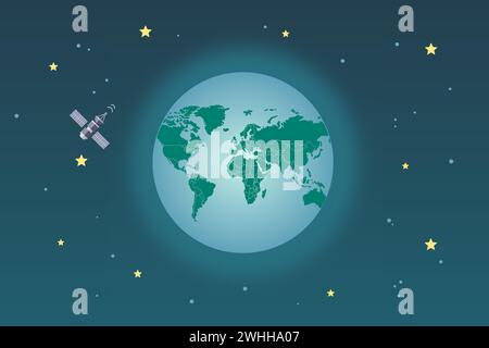 Space satellite orbiting the earth. Vector illustration. Stock Vector