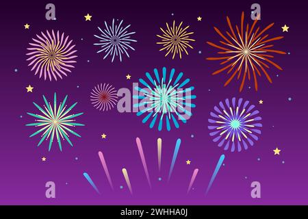 Fireworks composition at the night on purple gradient background. Vector illustration. Stock Vector