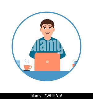 Avatar of a young guy who works on a laptop, full-time office worker or freelancer. Man professional vector illustration Stock Photo