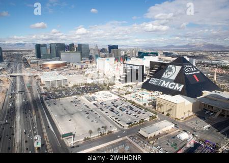 Las Vegas, United States. 08th Feb, 2024. Aerial view of the Highway 15 and the Las Vegas Strip with the Luxor, MGM Grand and Belagio Hotels visible, February 8, 2024 in Las Vegas, Nevada. Credit: Jerry Glaser/CBP Photos/Alamy Live News Stock Photo