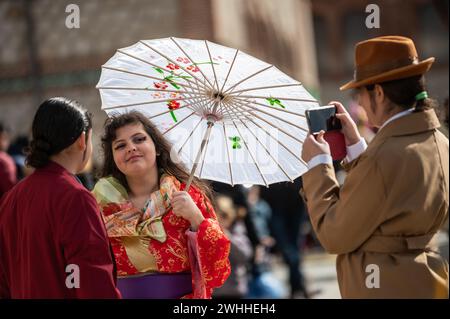 Madrid, Spain. 10th Feb, 2024. People dressed with costumes during the carnival celebration in Matadero Madrid. Credit: Marcos del Mazo/Alamy Live News Stock Photo