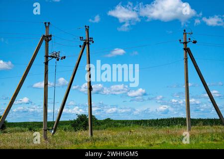 Utility poles stand in a grassy field, wires connected, under a partly cloudy sky. Stock Photo