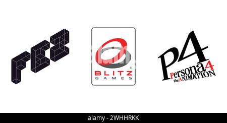 FEZ, Persona 4 The Animation, Blitz Games. Editorial brand emblem. Stock Vector