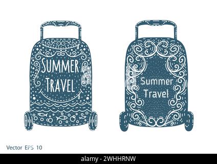 Set of drawn suitcases.Baggage for travel and summer vacation .Vector illustration . Stock Vector