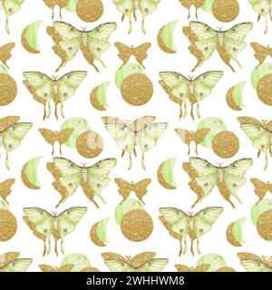 Watercolor luna moth seamless pattern, golden butterfly repeat paper, insect textile background Stock Photo