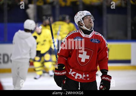 Karlstad, Sweden. 10th Feb, 2024. KARLSTAD, SWEDEN 20240210Switzerland #18 Sven Jung during Saturday's ice hockey match in the Beijer Hockey Games (Euro Hockey Tour) between Sweden and Switzerland in Löfbergs Arena. Photo: Pontus Lundahl/TT/Code 10050 Credit: TT News Agency/Alamy Live News Stock Photo