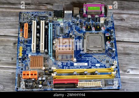 Cairo, Egypt, February 9 2024: Gigabyte main board computer motherboard FSB 1066 supports Core 2 Duo processor, Gigabyte is a Taiwanese manufacturer a Stock Photo