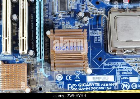 Cairo, Egypt, February 9 2024: Gigabyte main board computer motherboard FSB 1066 supports Core 2 Duo processor, Gigabyte is a Taiwanese manufacturer a Stock Photo