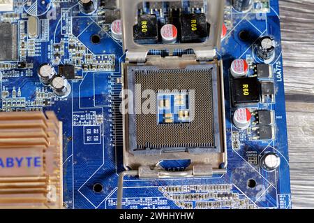 Cairo, Egypt, February 9 2024: Gigabyte main board computer motherboard FSB 1066 supports Core 2 Duo processor, Gigabyte is a Taiwanese manufacturer a Stock Photo