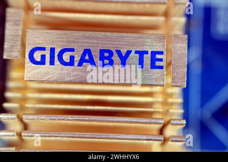 Cairo, Egypt, February 9 2024: Gigabyte Technology Company sign logo for main board computer motherboards, Gigabyte is a Taiwanese manufacturer and di Stock Photo