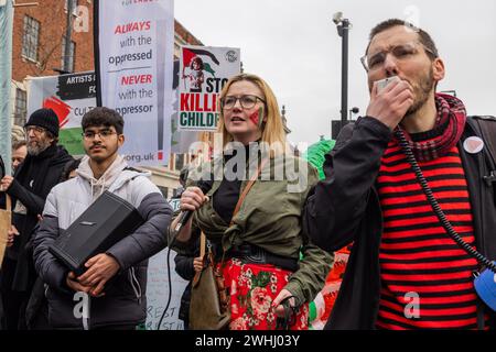 Leeds, UK. 10 FEB, 2024. Demonstration organisers march through the streets of Leeds with an assembled crowd of around 700. Credit Milo Chandler/Alamy Live News Stock Photo