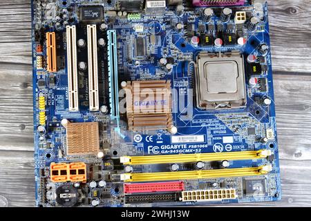 Cairo, Egypt, February 9 2024: Gigabyte main board computer motherboard FSB 1066 supports Core 2 Duo processor, Gigabyte is a Taiwanese manufacturer a Stock Photo