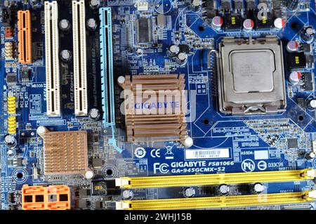 Cairo, Egypt, February 9 2024: Gigabyte main board computer motherboard FSB 1066 supports Core 2 Duo processor, Gigabyte is a Taiwanese manufacturer a Stock Photo