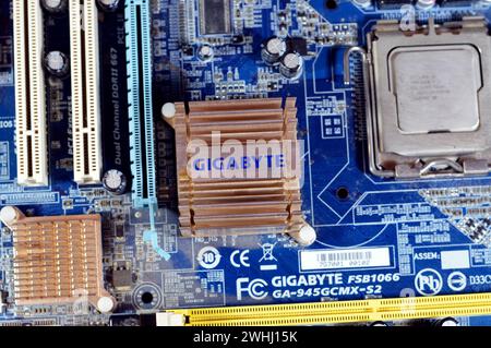 Cairo, Egypt, February 9 2024: Gigabyte main board computer motherboard FSB 1066 supports Core 2 Duo processor, Gigabyte is a Taiwanese manufacturer a Stock Photo