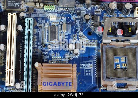 Cairo, Egypt, February 9 2024: Gigabyte main board computer motherboard FSB 1066 supports Core 2 Duo processor, Gigabyte is a Taiwanese manufacturer a Stock Photo