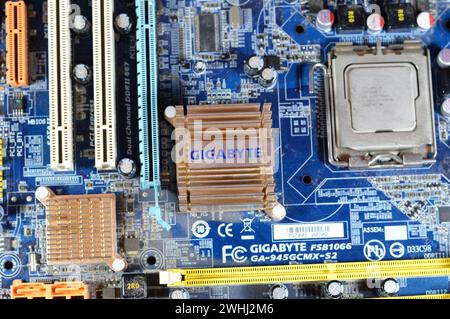 Cairo, Egypt, February 9 2024: Gigabyte main board computer motherboard FSB 1066 supports Core 2 Duo processor, Gigabyte is a Taiwanese manufacturer a Stock Photo