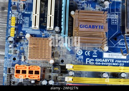 Cairo, Egypt, February 9 2024: Gigabyte main board computer motherboard FSB 1066 supports Core 2 Duo processor, Gigabyte is a Taiwanese manufacturer a Stock Photo