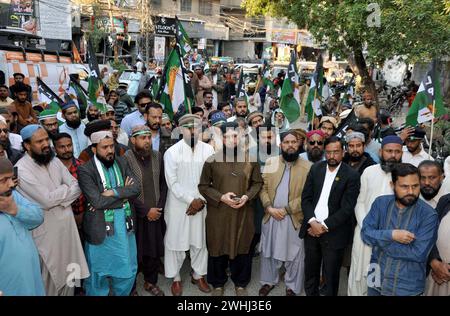 Activists of Tehreek-e-Labbaik Pakistan (TLP) are holding protest demonstration against alleged rigging in General Election 2024, outside District Election Commission Office in Hyderabad on Saturday, February 10, 2024. Stock Photo