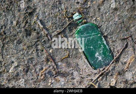 A green bottle is laying on the ground Stock Photo