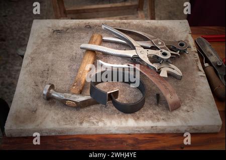 gouges and chisels for woodworking isolated in blur Stock Photo