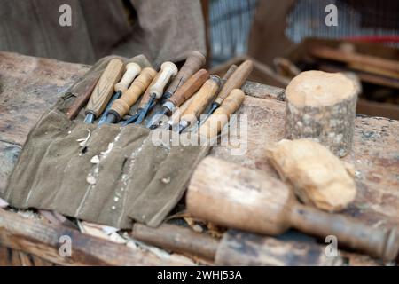 gouges and chisels for woodworking isolated in blur Stock Photo