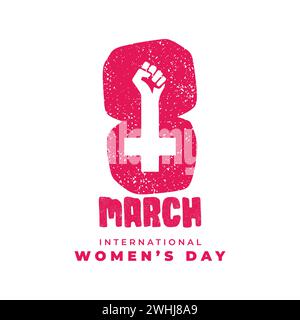 8 march vector typography greeting card for International Women's Day. Pink color number 8 with women sign and fist hand vector illustration. Stock Vector