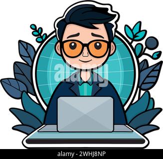 Man Working On Laptop Vector Icon Illustration. Work From Home Mascot Cartoon Character. People Icon Concept Isolated. Flat Cartoon Style Suitable for Stock Vector